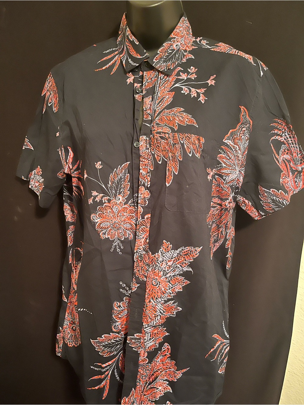 H&M Black Short-Sleeve Button-Up Shirt with Red Floral Print